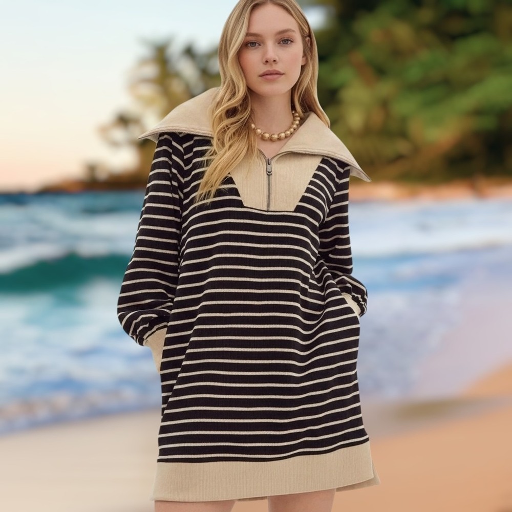 Striped Knit Quarter Zip‎ Mini Dress Wide Collar Beige Brown Size Small